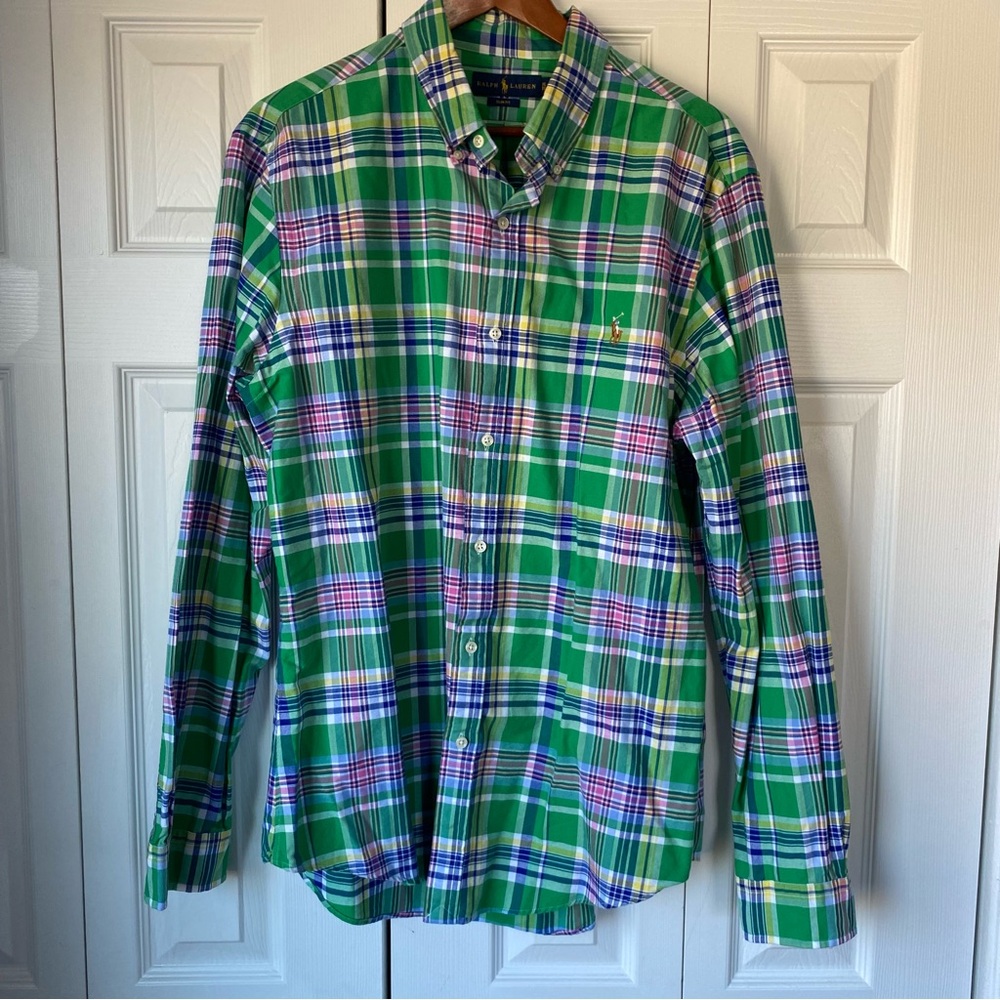 Ralph Lauren Button Up Men XL Slim Fit Oxford Green Plaid 100% Cotton Blue Label